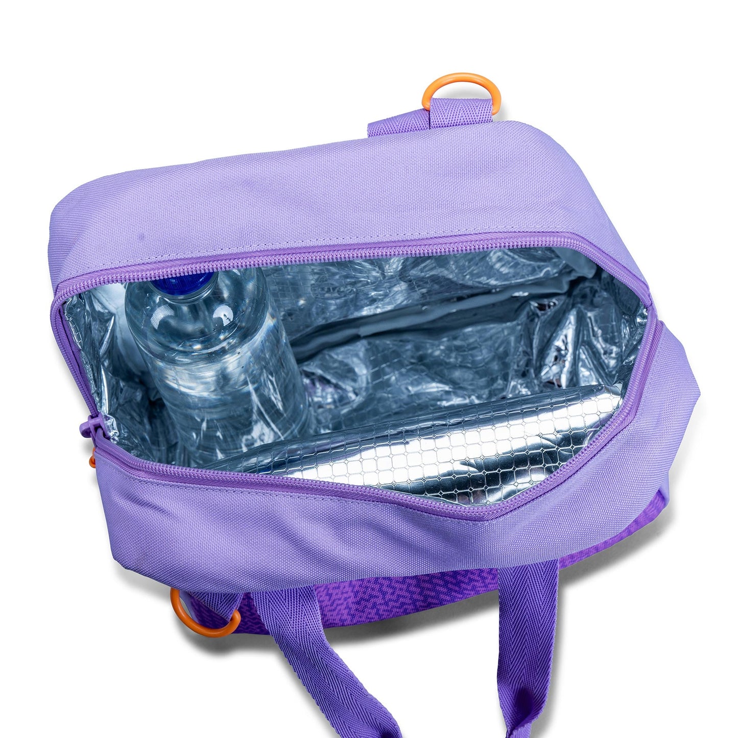 Lavender insulated lunch bag open showing silver foil interior, orange clip rings, purple zip and carry straps, with water bottle inside