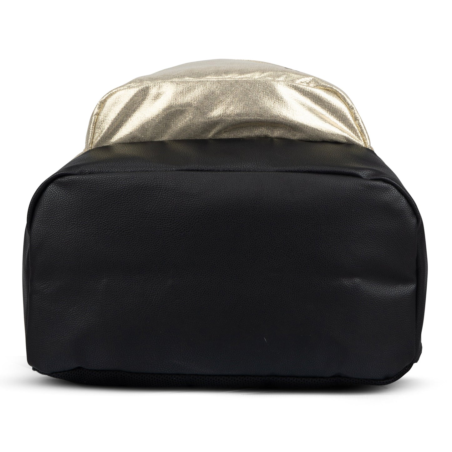 Backpack bottom view in black with metallic gold top panel, structured base