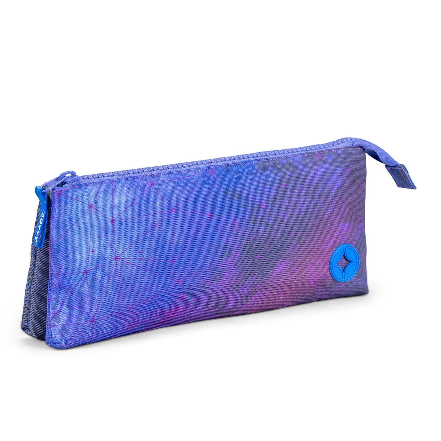 Pencil case with blue-purple galaxy print, geometric constellation pattern, blue zip and star logo badge