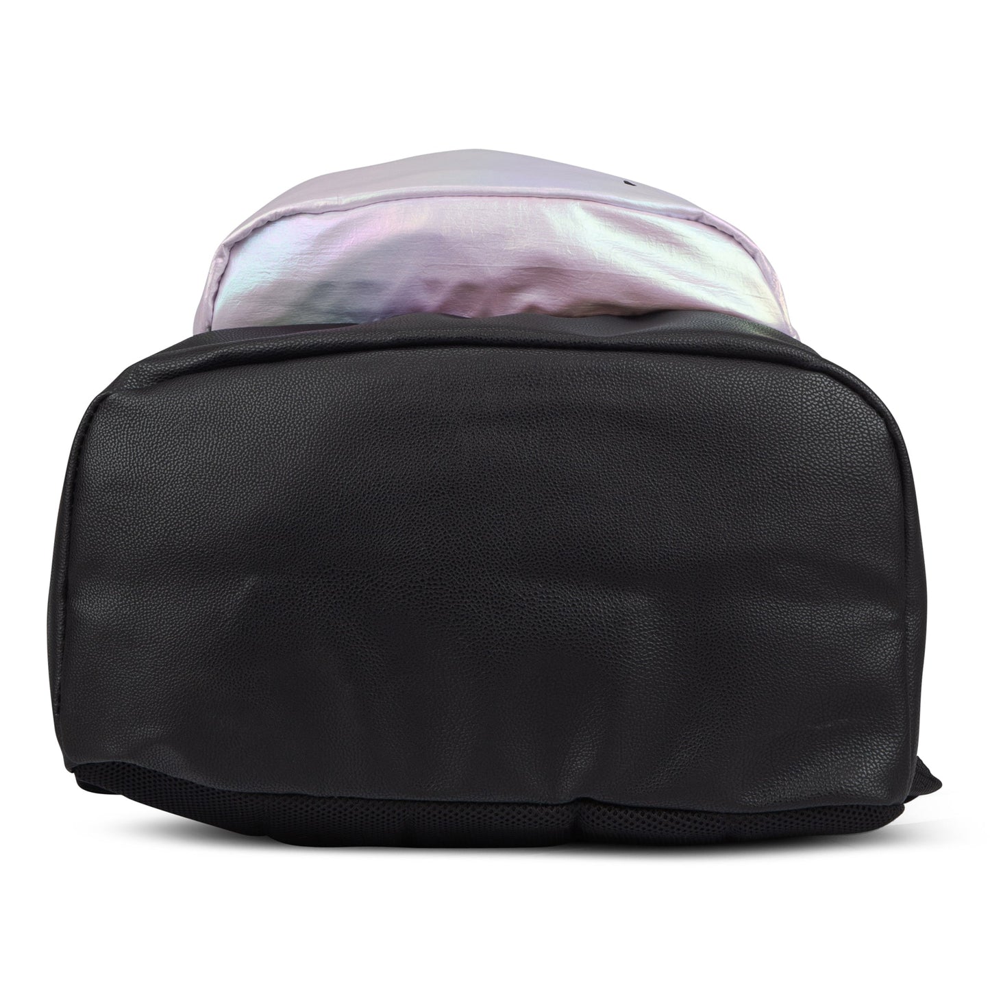 Backpack bottom view with base and iridescent pastel pink holographic upper body