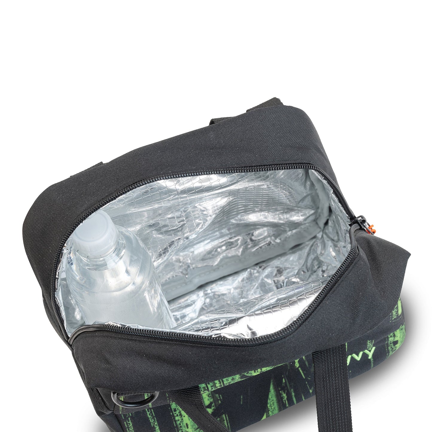 Insulated lunch bag black with green graphic print, open zip showing silver foil lining and water bottle inside