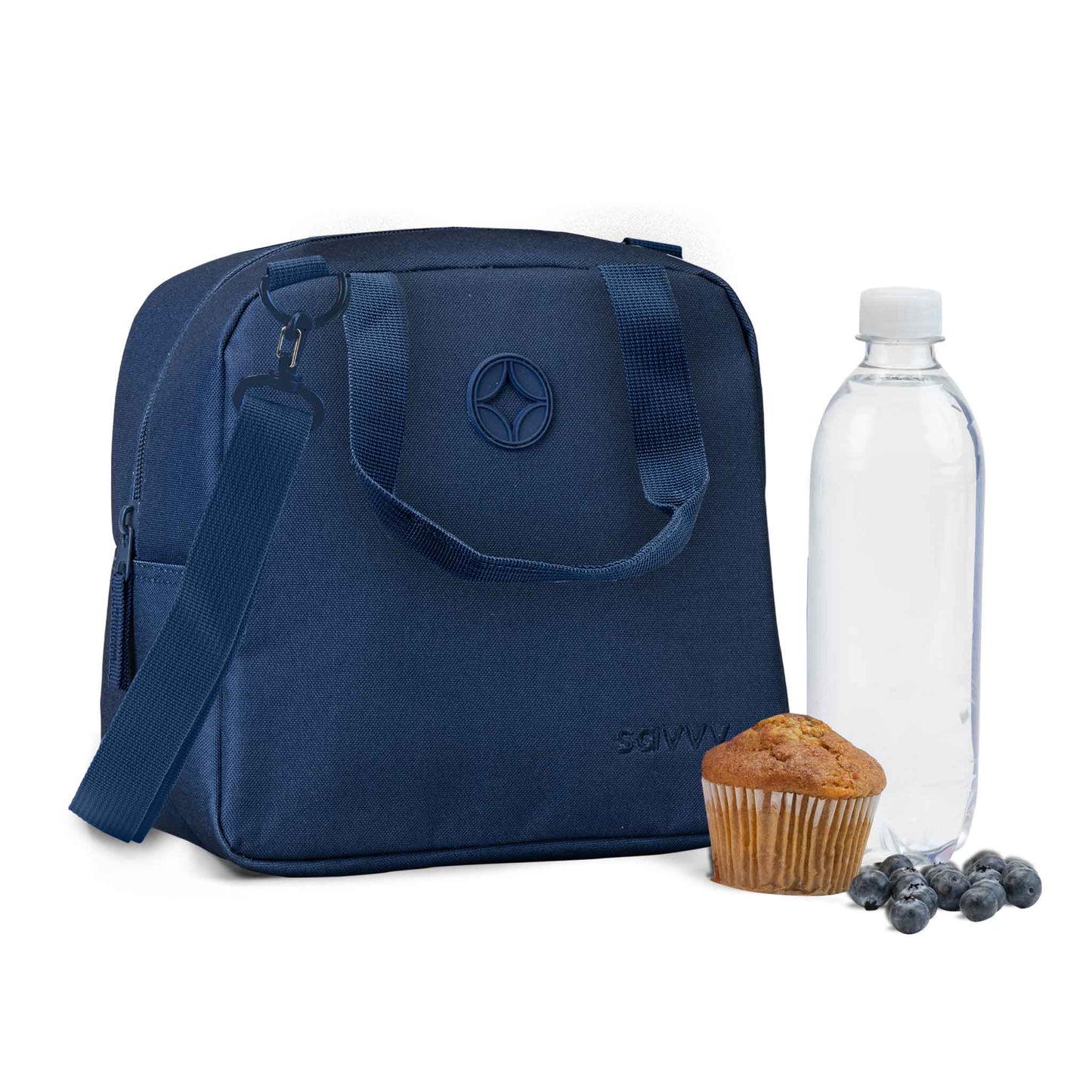 Navy blue insulated lunch bag with top handles, shoulder strap, side zip pocket and Savvy logo, styled with muffin, blueberries and water bottle