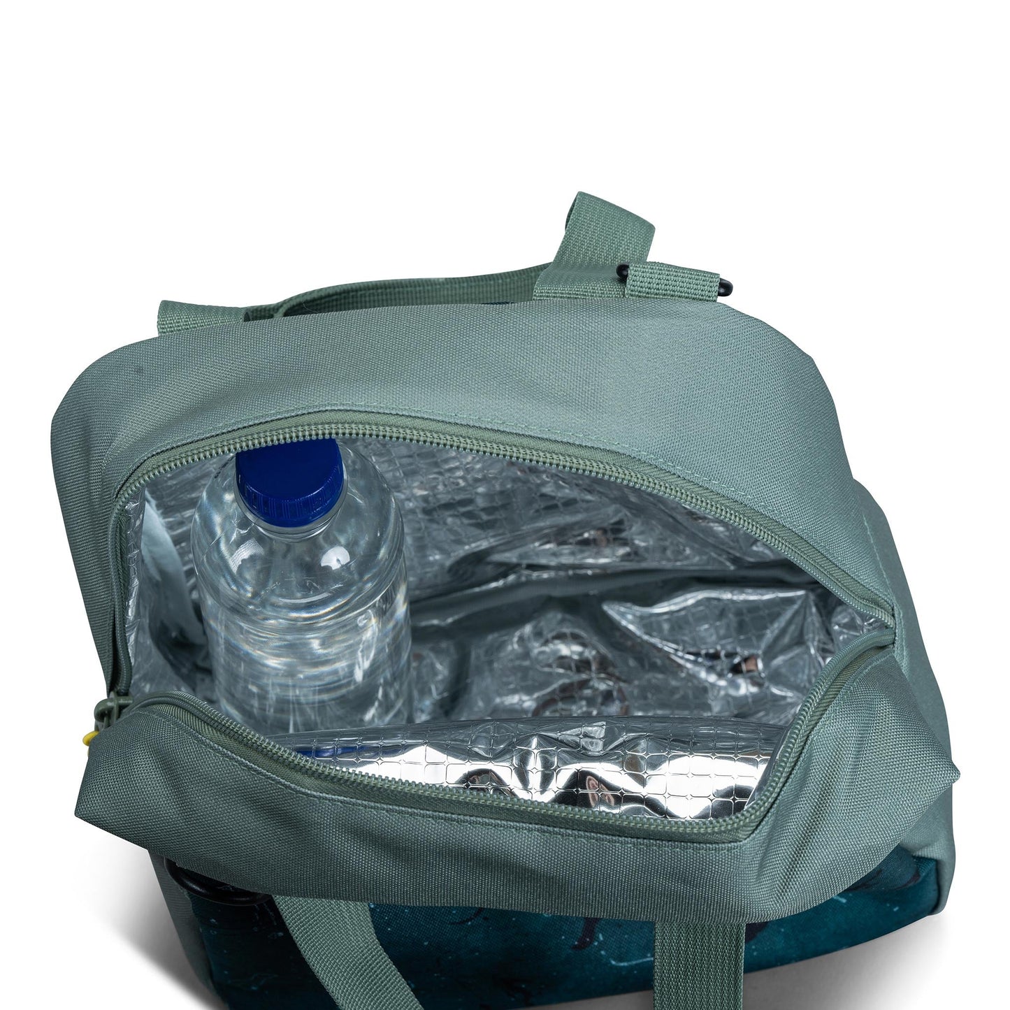 Sage green insulated lunch bag open showing silver foil-lined interior with water bottle and food containers inside