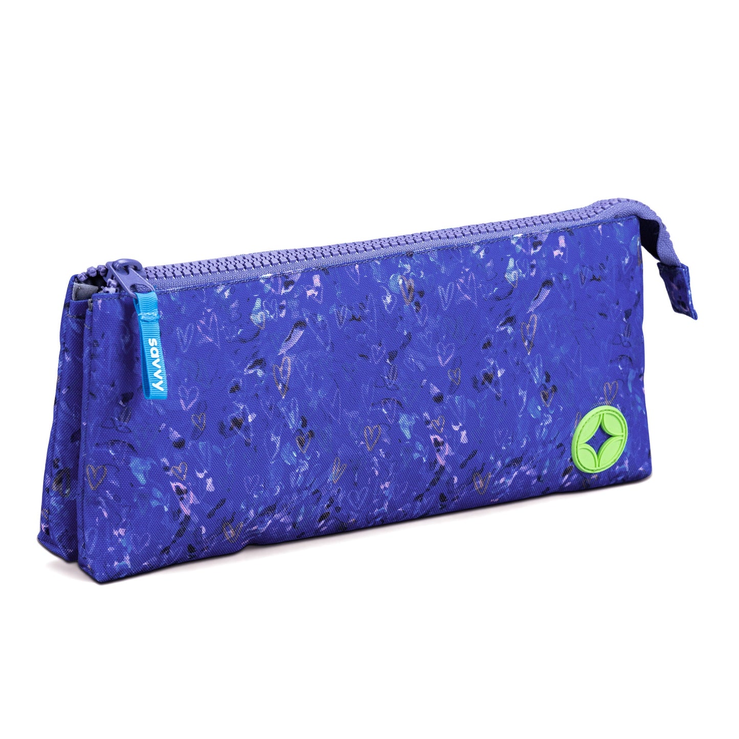 Pencil case blue fabric with iridescent heart print, zip top, green logo badge and teal zipper pull, Savvy brand