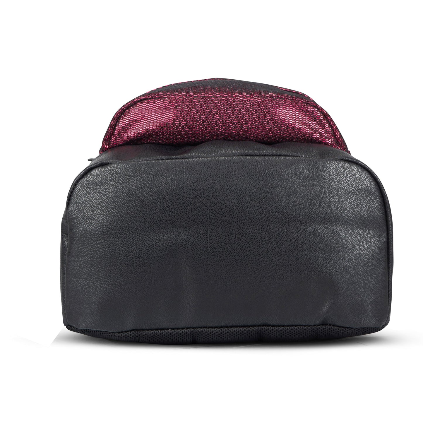 Backpack bottom view in black with pink glitter sequin top panel and mesh base trim