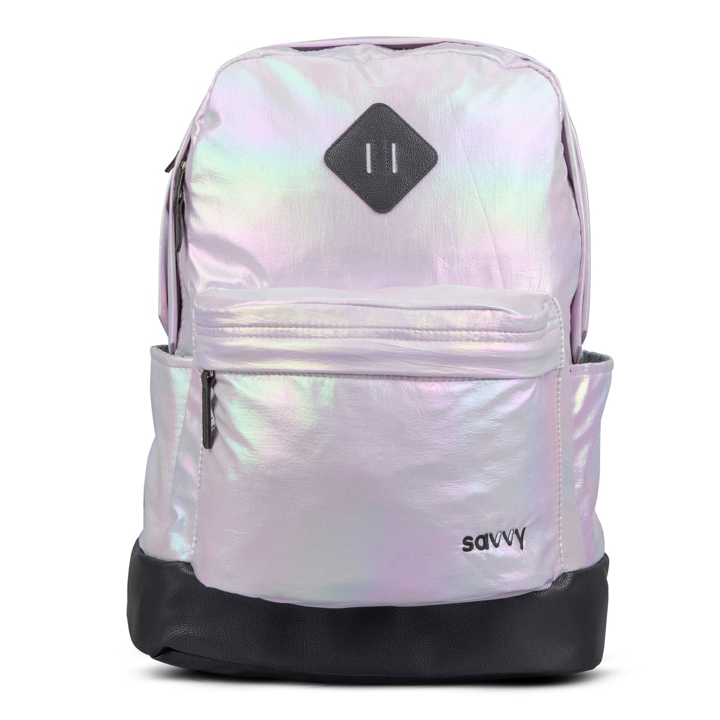 Savvy holographic iridescent backpack with leather base, diamond patch detail, and front zip pocket