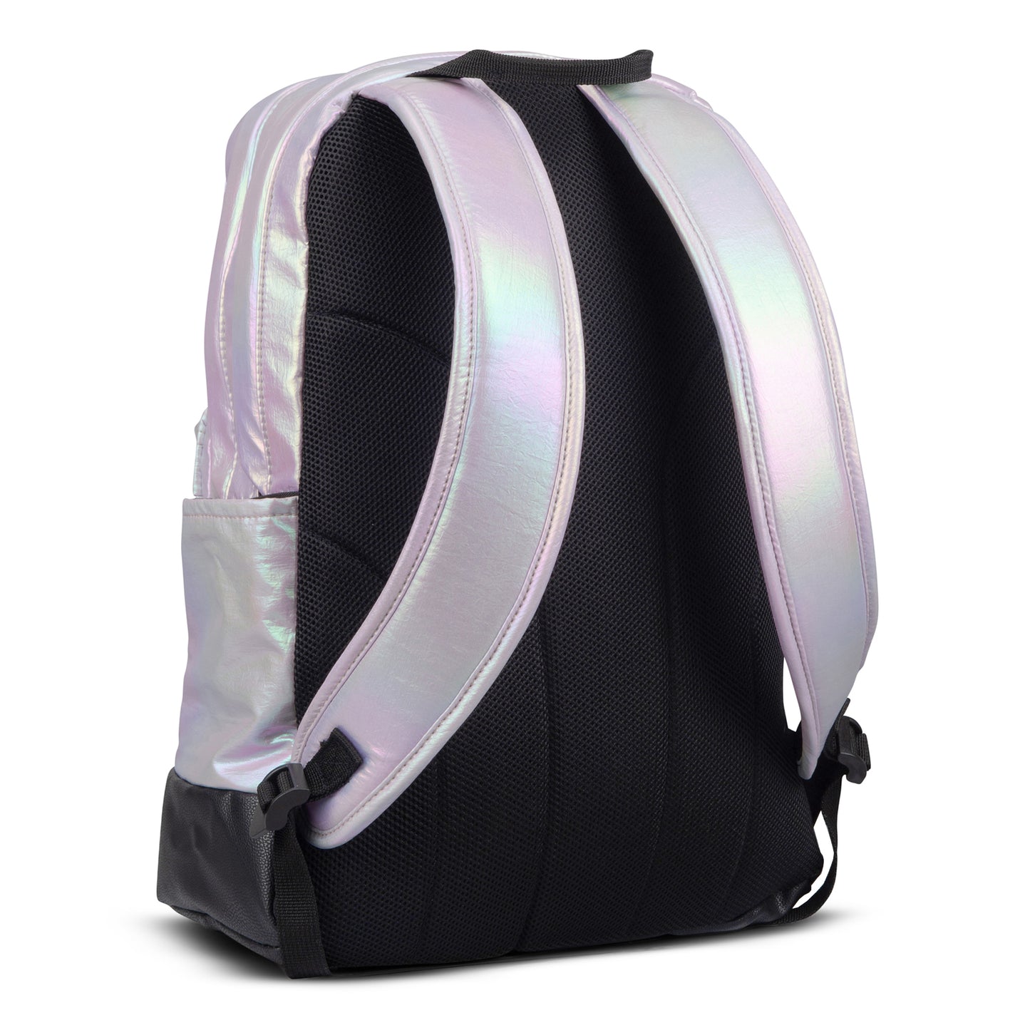 Backpack with iridescent holographic pink exterior, padded black mesh shoulder straps and side pocket, rear view
