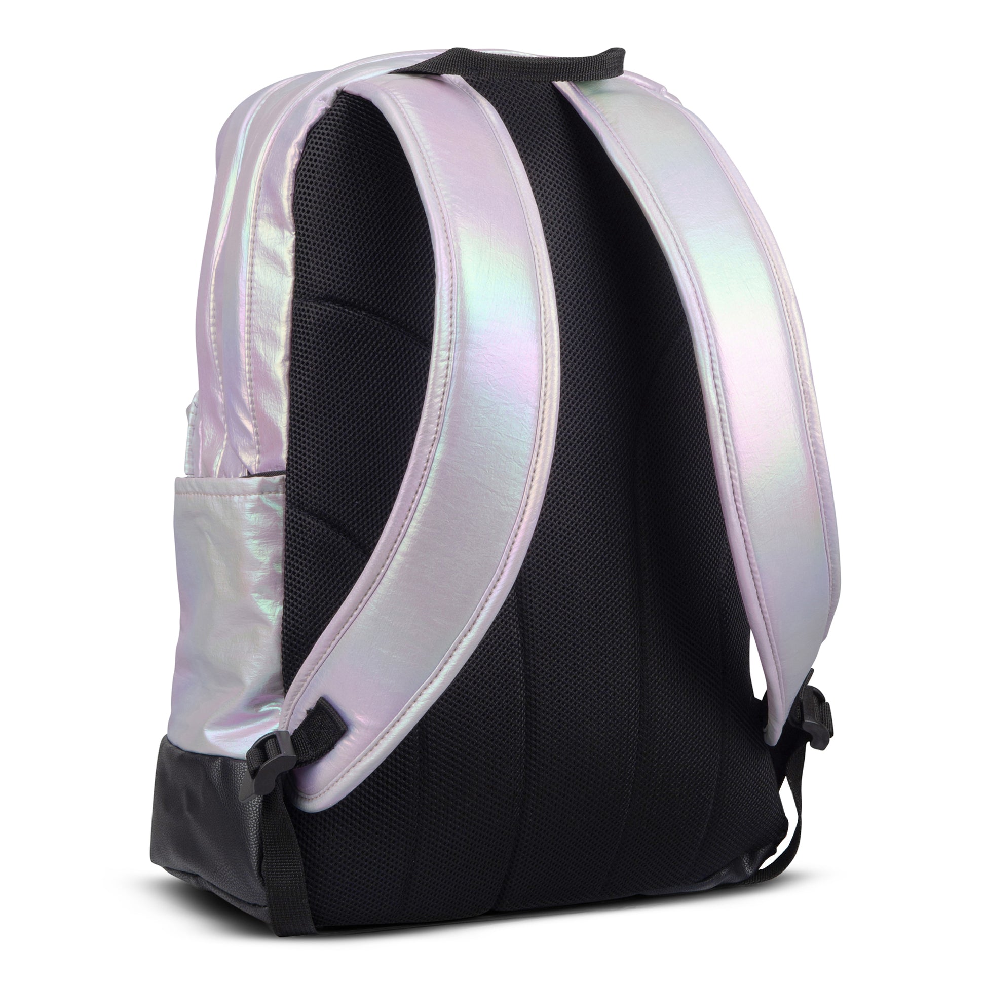 Backpack with iridescent holographic pink exterior, padded black mesh shoulder straps and side pocket, rear view