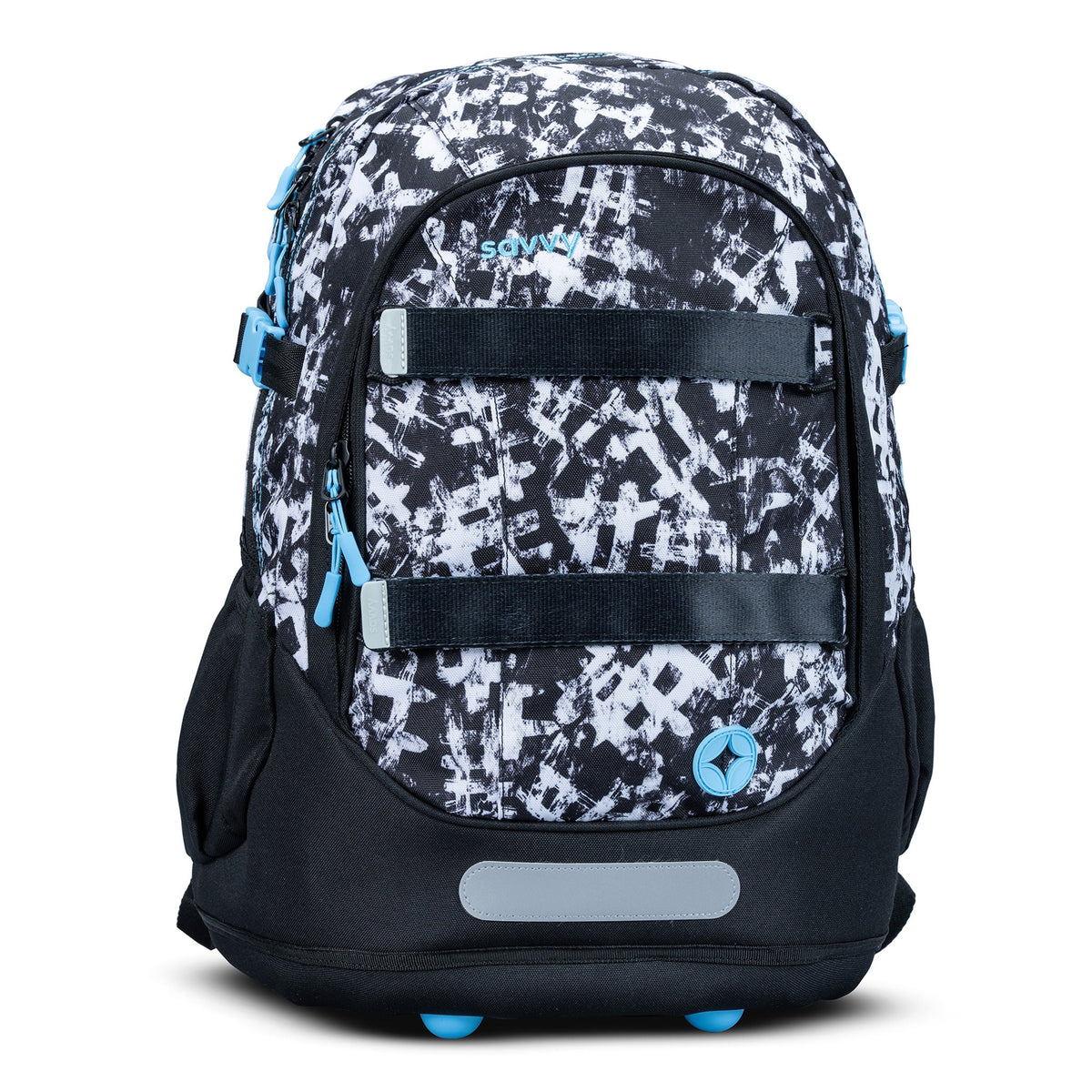 Savvy kids school backpack black white abstract graffiti print with blue zip pullers and reflective strip
