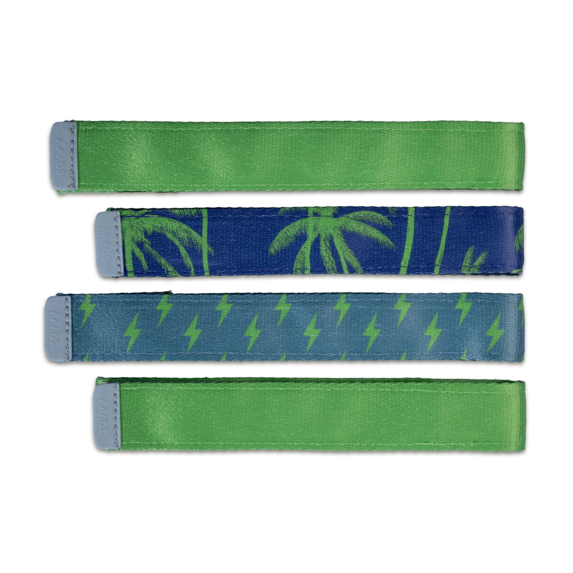 Set of four wristbands in green, navy palm tree print, and teal lightning bolt print with grey clip fasteners