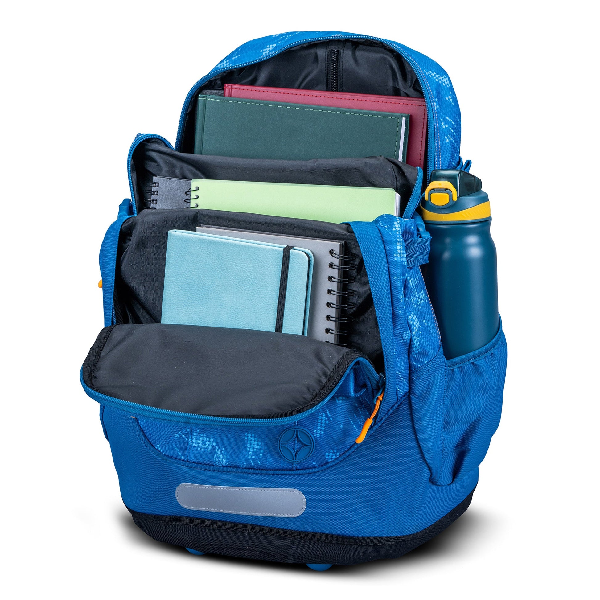 Blue patterned school backpack open showing multiple compartments filled with notebooks, folders, and side water bottle pocket