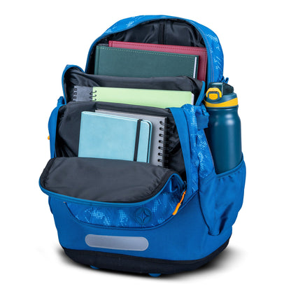Blue patterned school backpack open showing multiple compartments filled with notebooks, folders, and side water bottle pocket