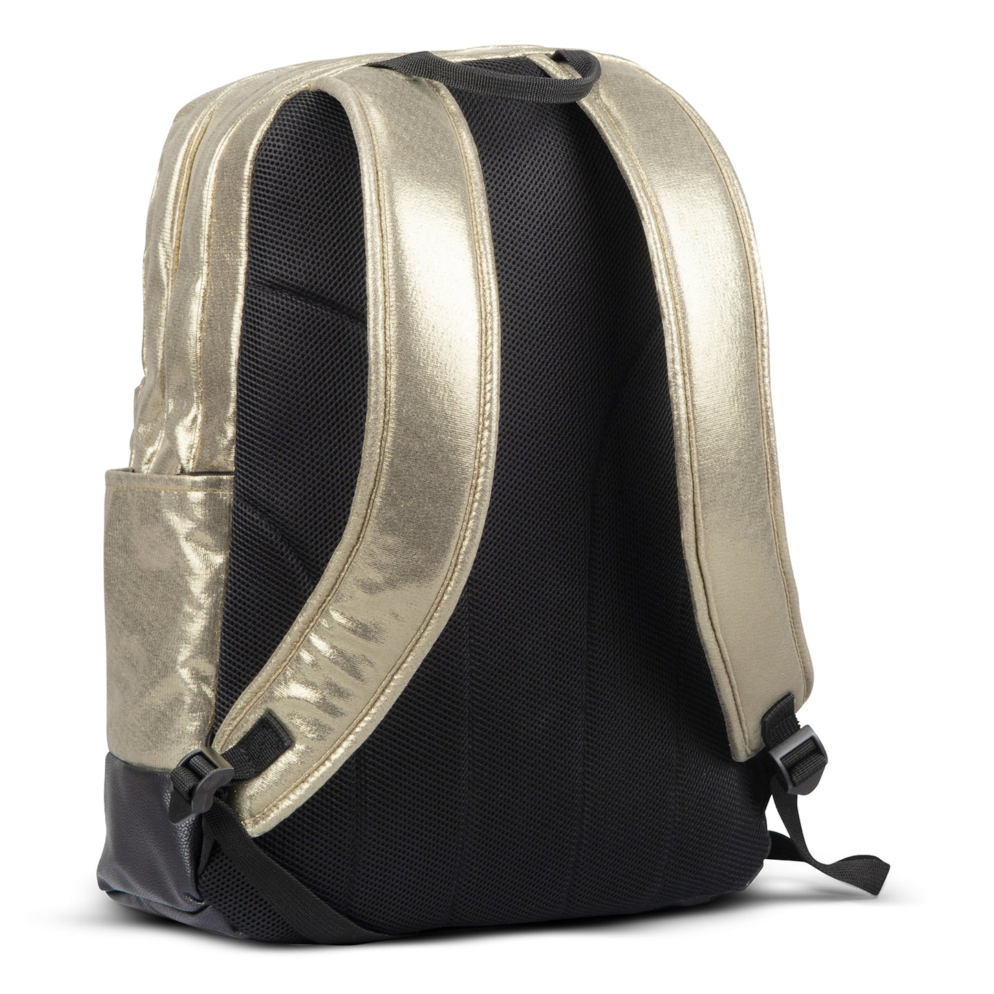 Backpack with gold metallic sheen exterior, padded black mesh back panel and shoulder straps, side pocket and black base