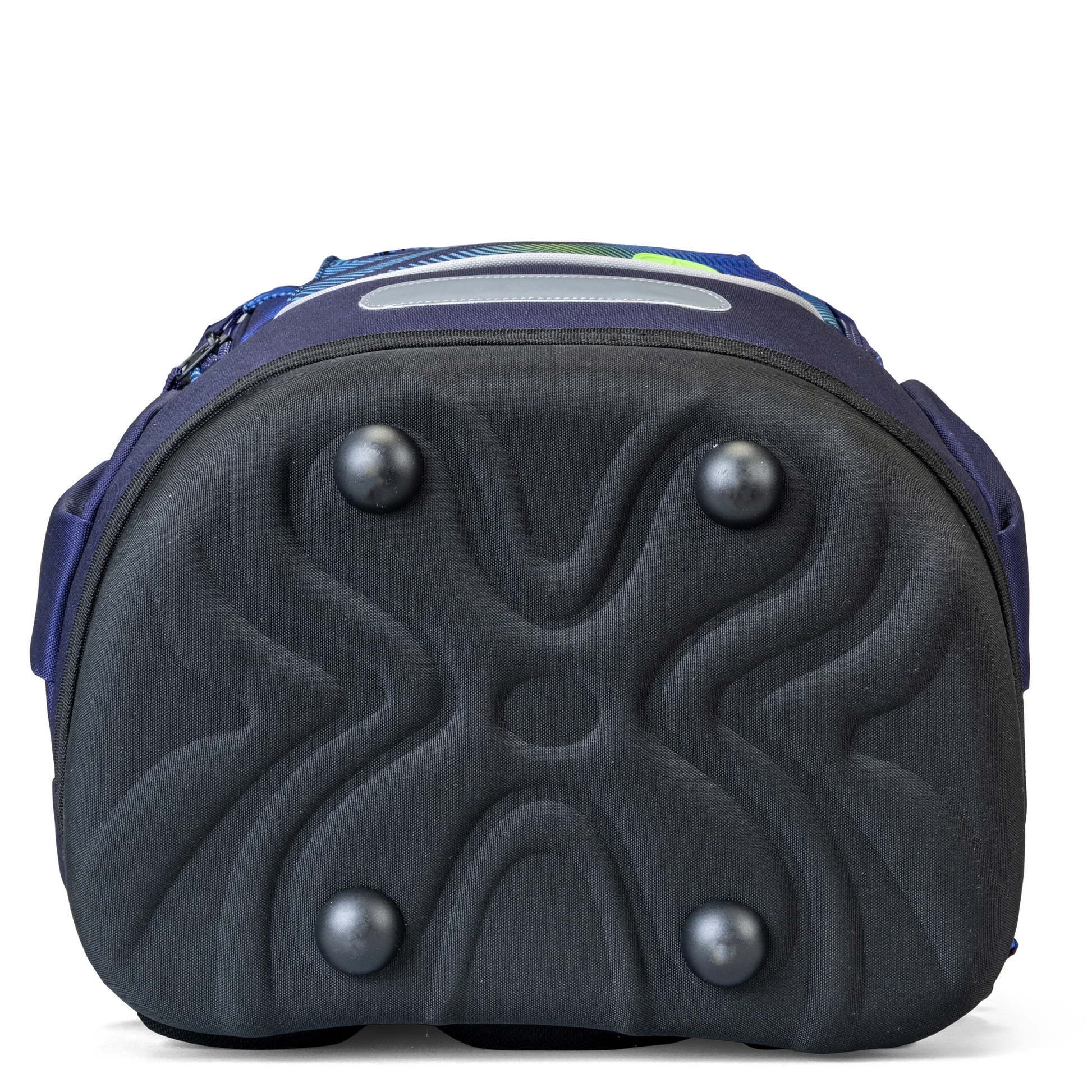 Kids' backpack base view showing moulded black EVA shell with four metal feet studs and navy blue fabric sides with green accents