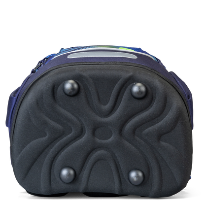 Kids' backpack base view showing moulded black EVA shell with four metal feet studs and navy blue fabric sides with green accents