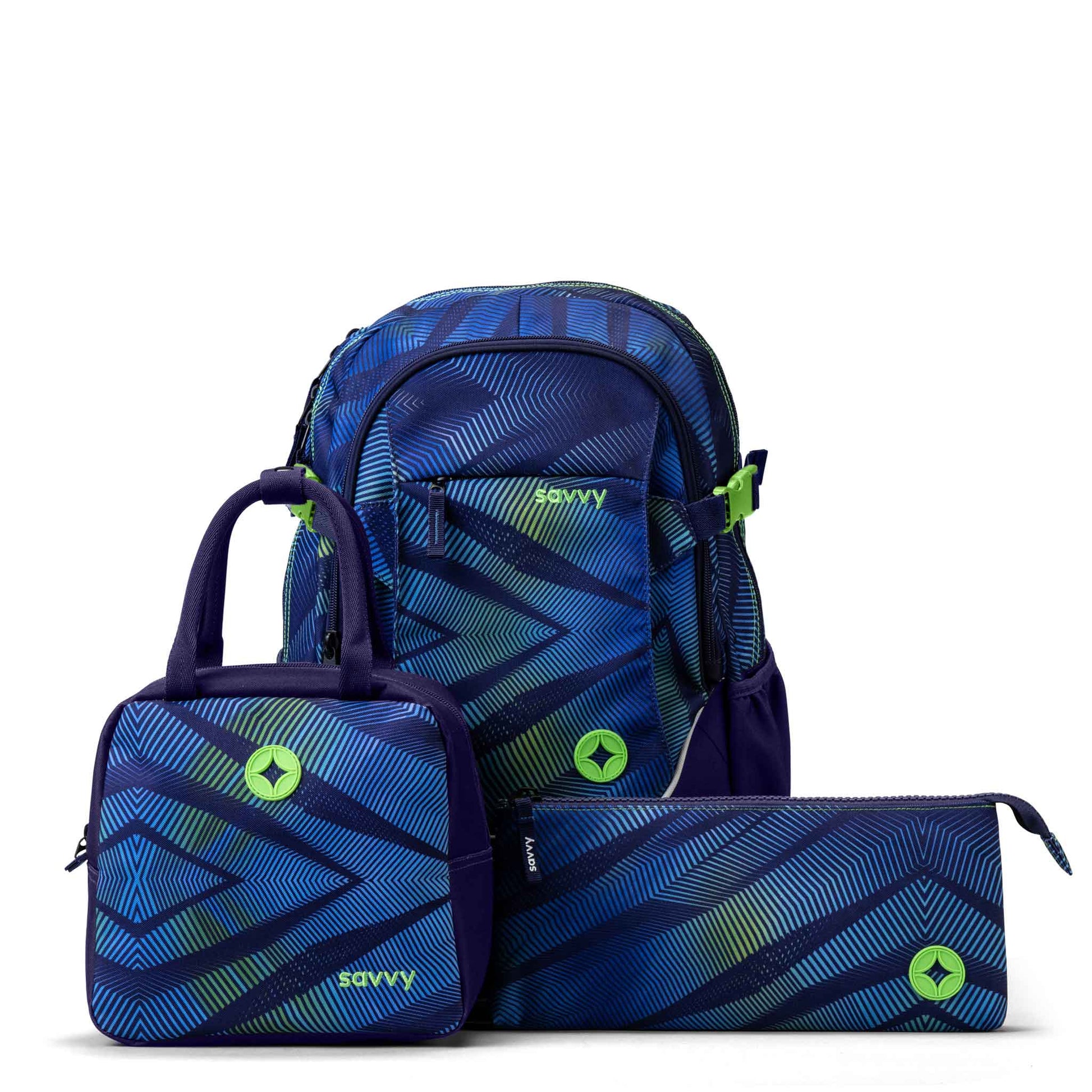 Savvy 3-piece school bag set with blue-green geometric stripe pattern, backpack, lunch bag and pencil case with neon green zips and logo badges