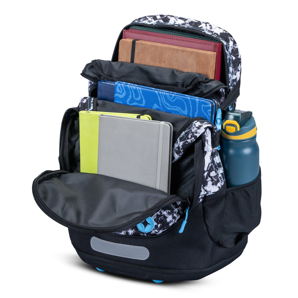 Black and white marble-print school backpack open showing multiple compartments filled with notebooks and a blue water bottle