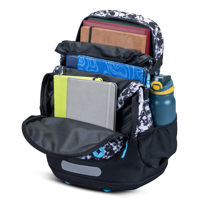 Black and white marble-print school backpack open showing multiple compartments filled with notebooks and a blue water bottle