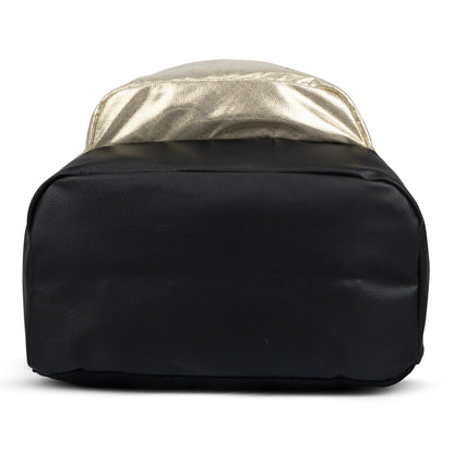 Backpack bottom view in black with metallic gold top panel, structured base