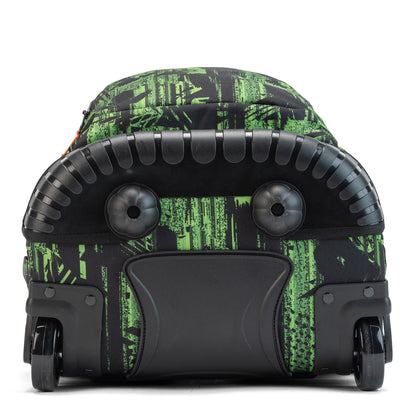Rolling wheeled backpack in green and black digital camo print with rubber bumper guard, rubberised feet and dual inline wheels