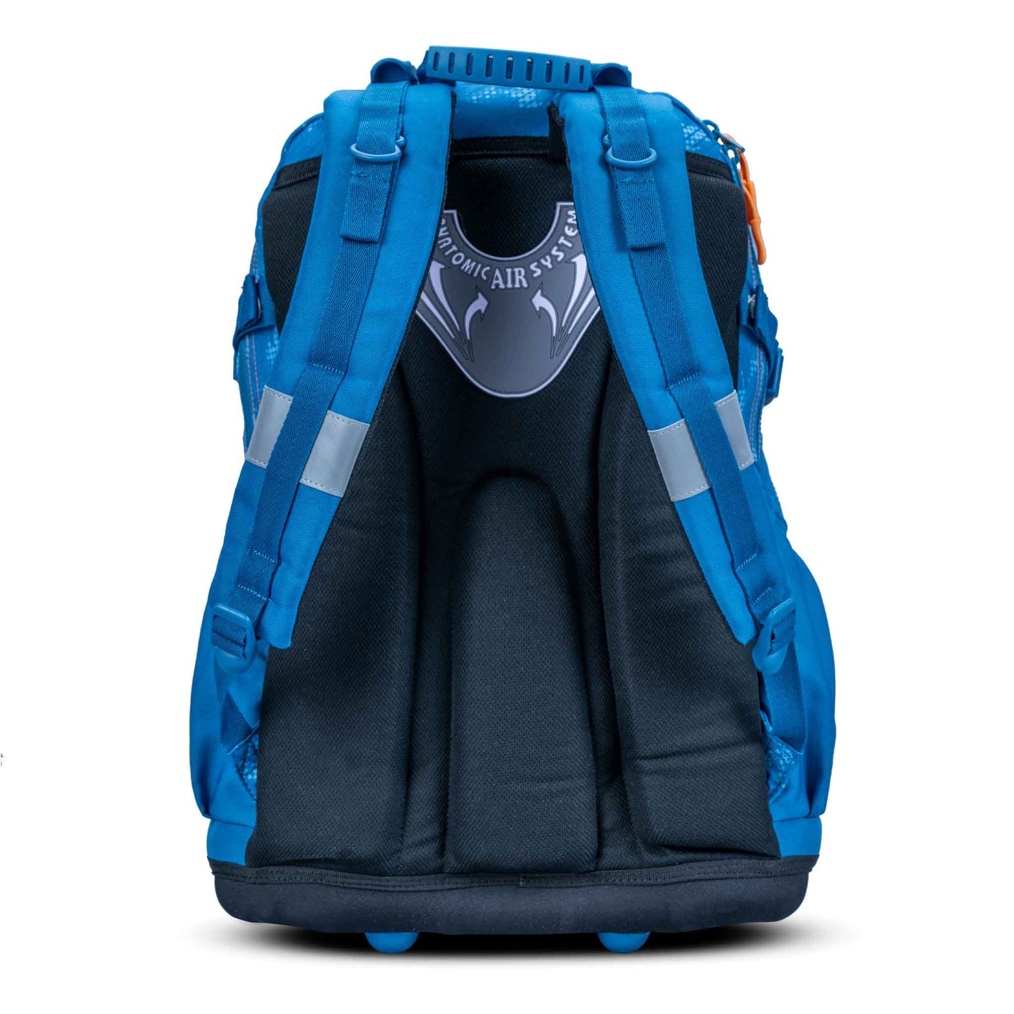 Blue kids school backpack rear view with padded ergonomic back panel, anatomic air system badge, blue shoulder straps and reflective strips