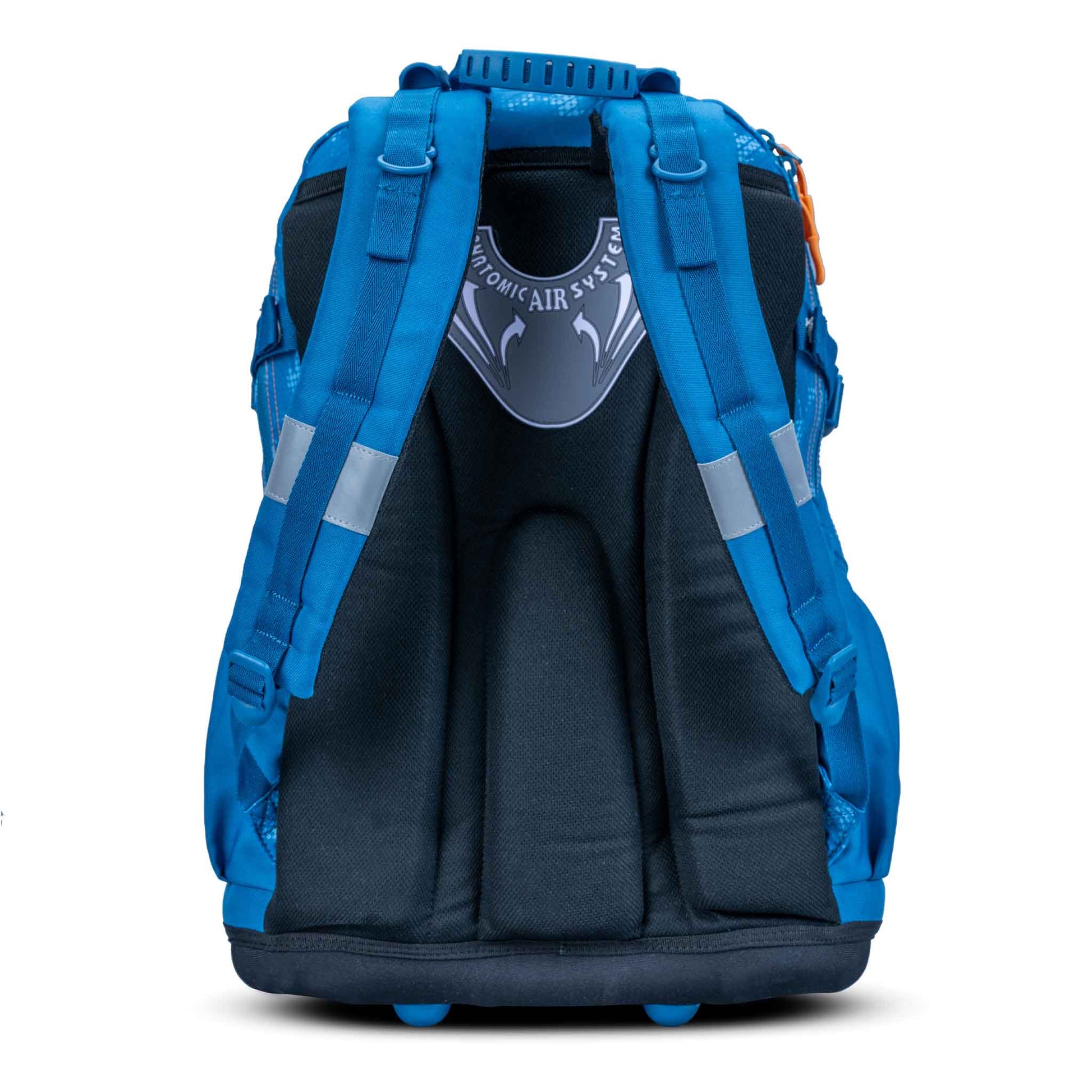 Blue kids school backpack rear view with padded ergonomic back panel, anatomic air system badge, blue shoulder straps and reflective strips