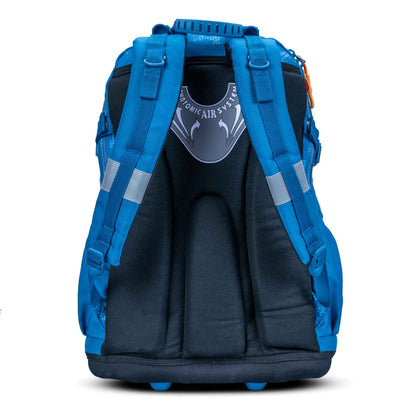 Blue kids school backpack rear view with padded ergonomic back panel, anatomic air system badge, blue shoulder straps and reflective strips