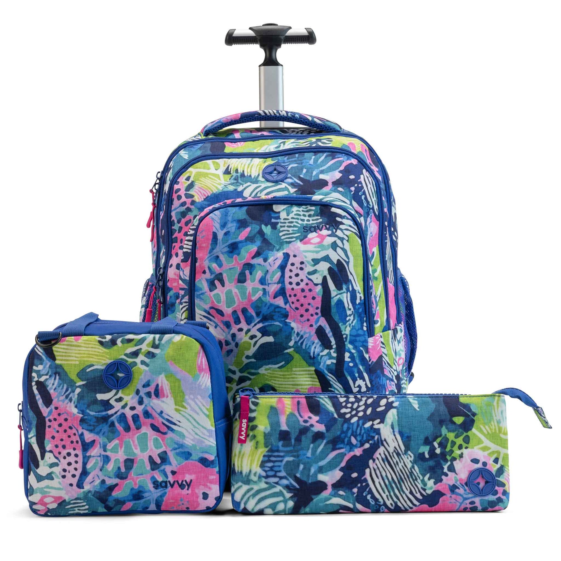Savvy 3-piece rolling backpack set with lunch bag and pencil case in blue pink green tropical print with retractable handle