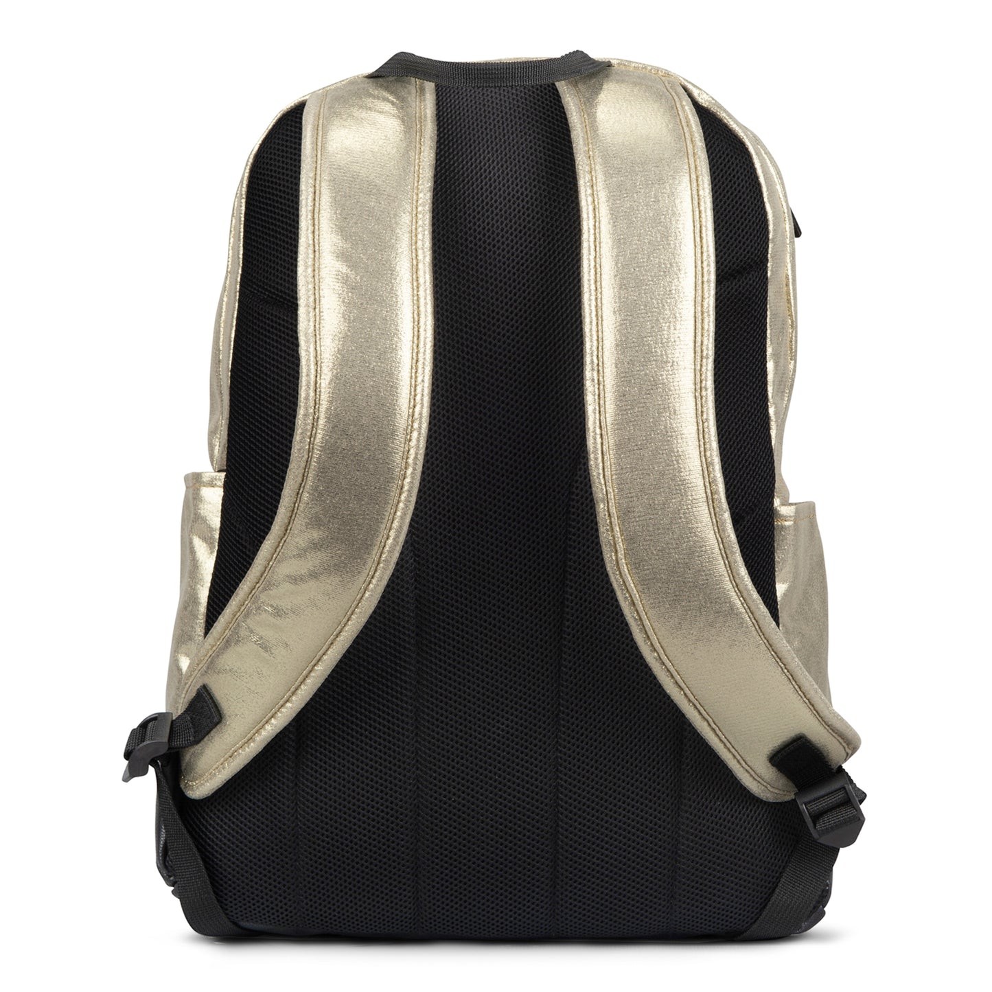 Backpack rear view with gold metallic padded shoulder straps, black mesh back panel and side buckle adjusters