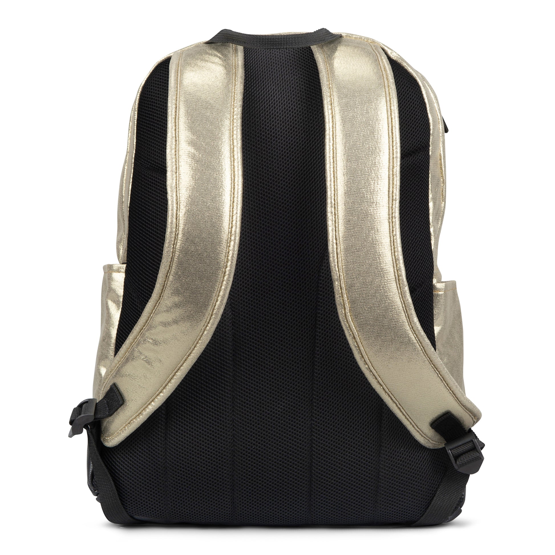 Backpack rear view with gold metallic padded shoulder straps, black mesh back panel and side buckle adjusters