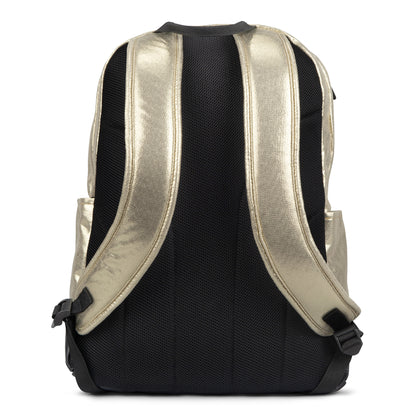 Backpack rear view with gold metallic padded shoulder straps, black mesh back panel and side buckle adjusters