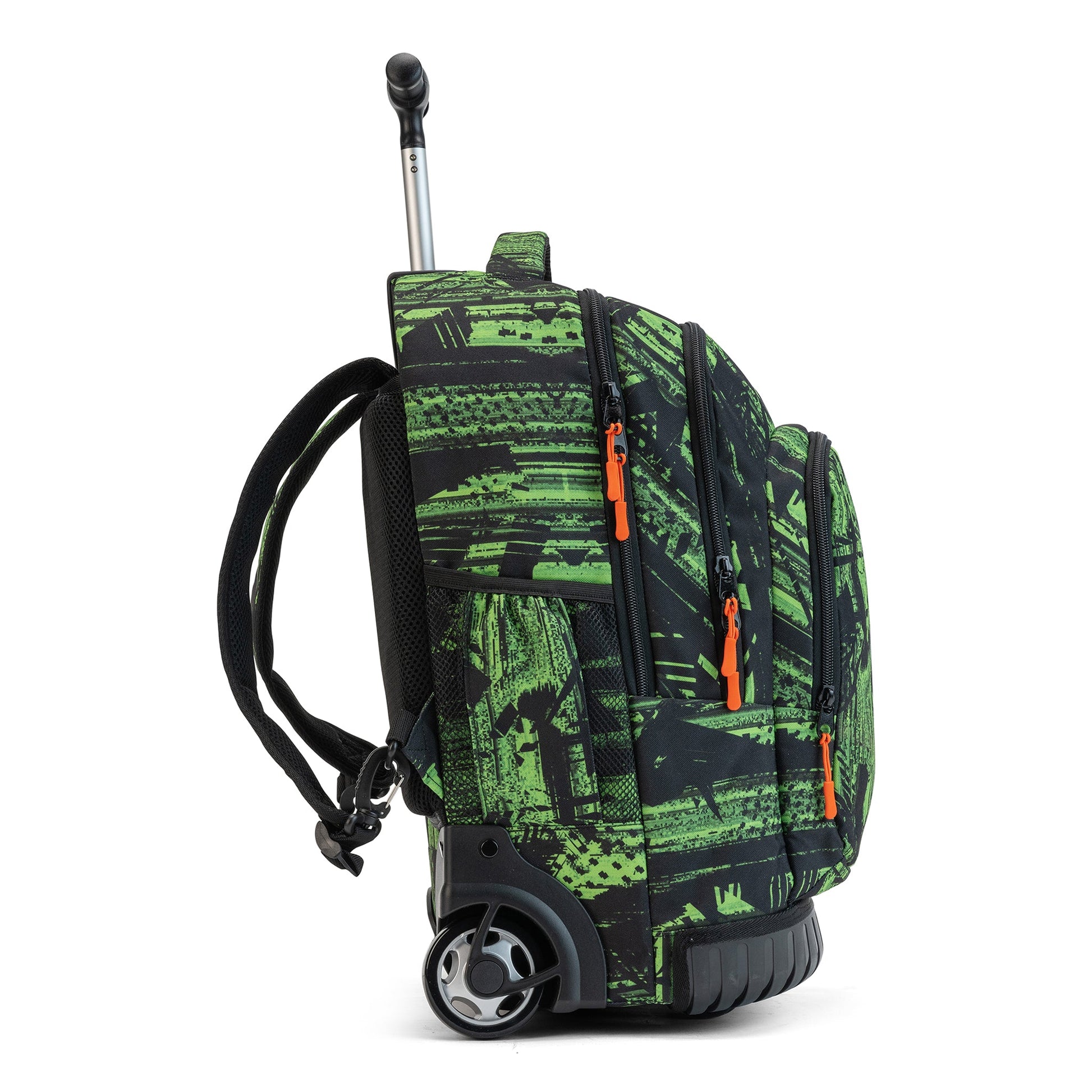 Rolling backpack with black and green graphic print, orange zip pullers, extendable handle, wheels, and padded shoulder straps