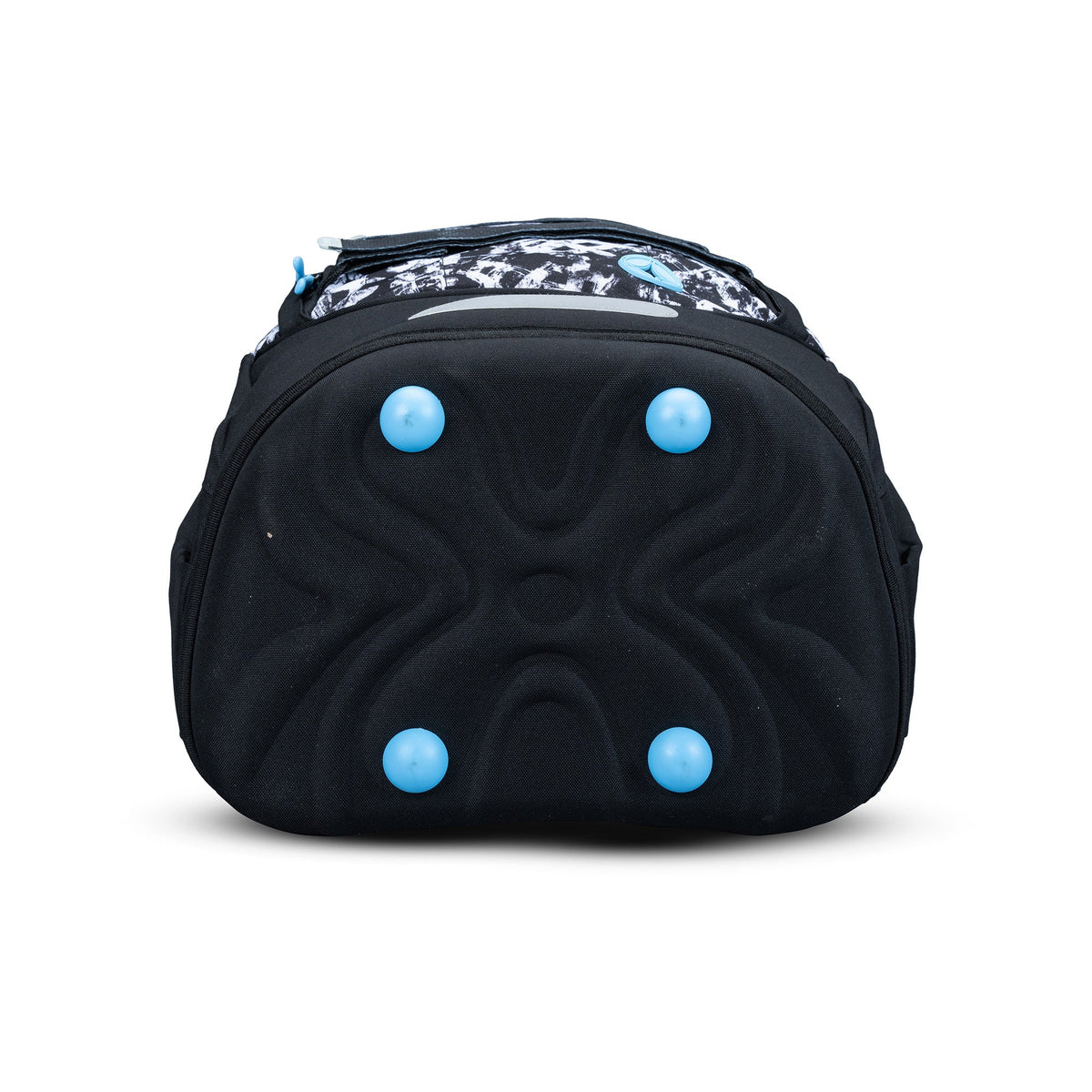 Backpack base view in black with four blue rubber feet, moulded bottom panel and black-and-white printed top zip pocket