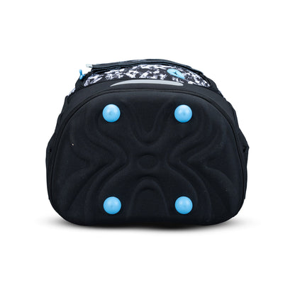 Backpack base view in black with four blue rubber feet, moulded bottom panel and black-and-white printed top zip pocket