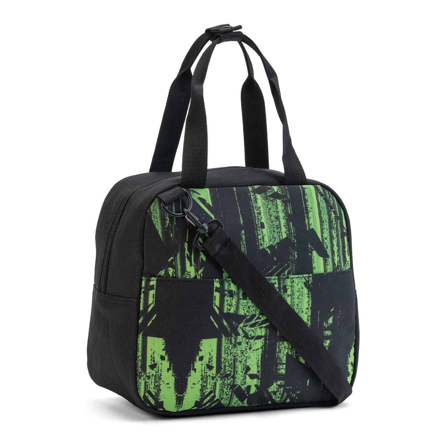 Lunch bag black and green glitch-print with dual carry handles, detachable shoulder strap and front zip pocket