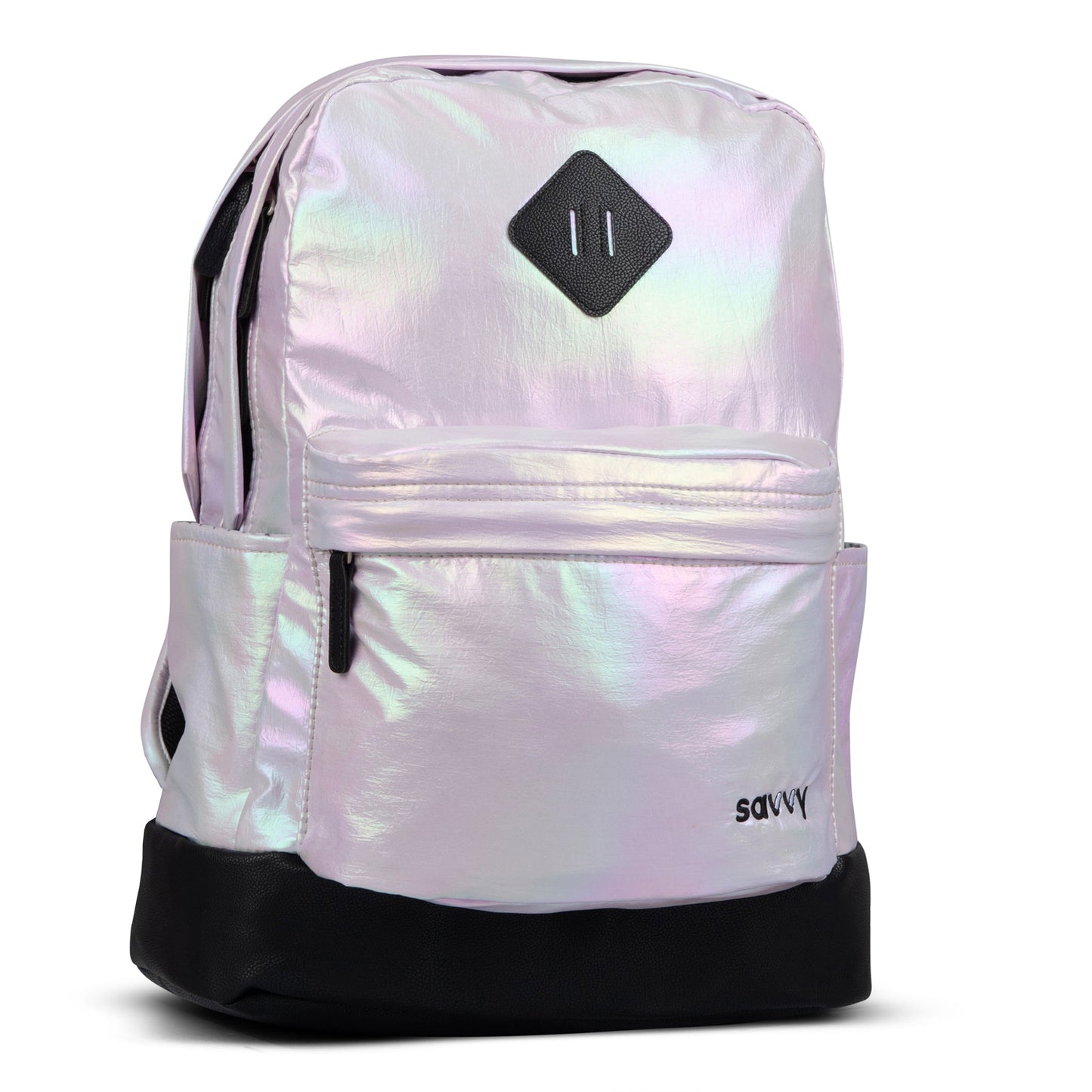 Savvy backpack in iridescent holographic fabric with black base, diamond patch, and front zip pocket