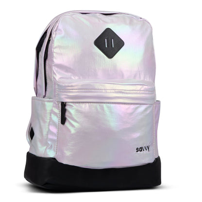 Savvy backpack in iridescent holographic fabric with black base, diamond patch, and front zip pocket
