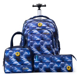 Savvy 3-piece rolling backpack set in blue abstract print with retractable handle, matching lunch bag and pencil case with yellow logo badges