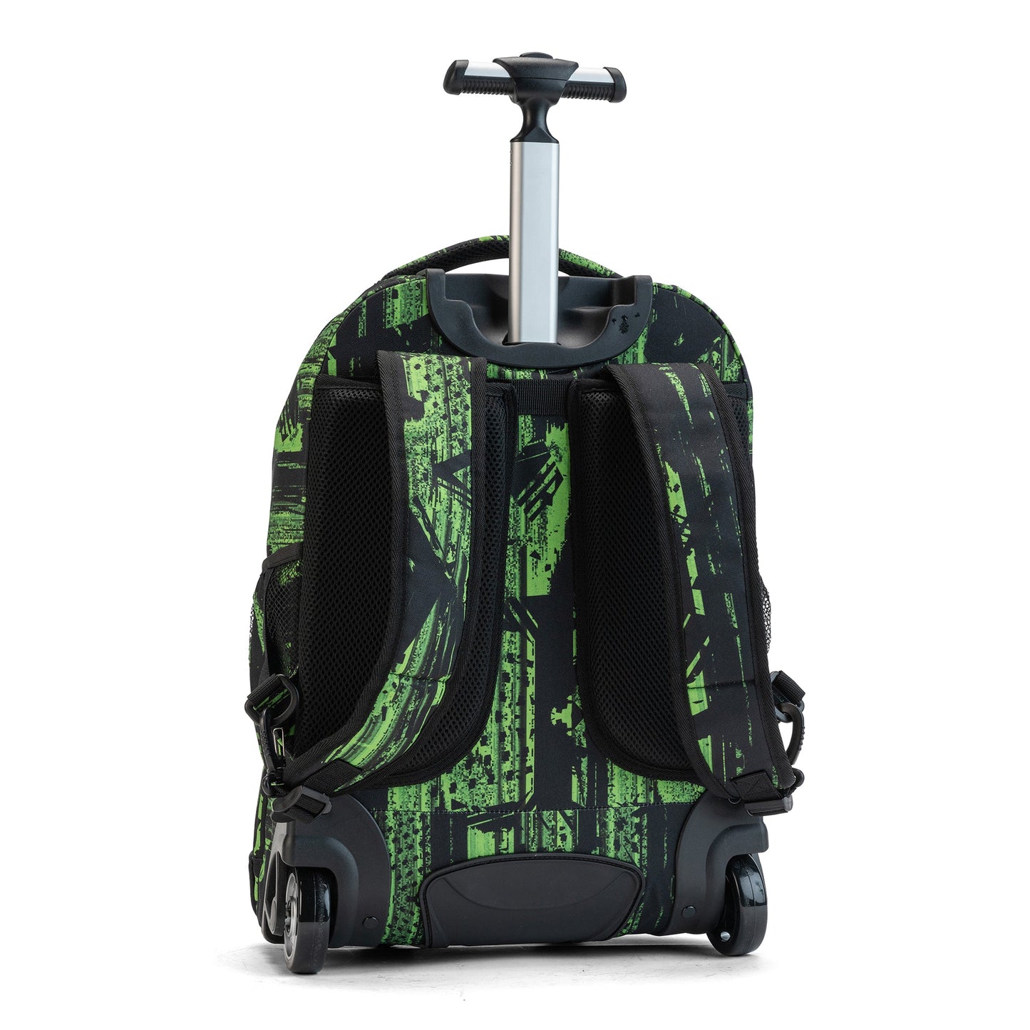 Rolling backpack with green and black abstract print, extended telescoping handle, mesh shoulder straps and dual wheels, rear view