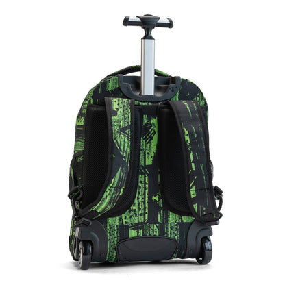 Rolling backpack with green and black abstract print, extended telescoping handle, mesh shoulder straps and dual wheels, rear view