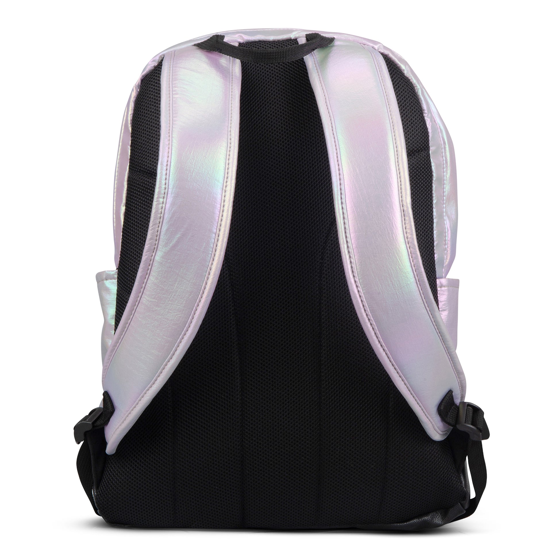Backpack rear view iridescent holographic padded black mesh back panel and adjustable shoulder straps
