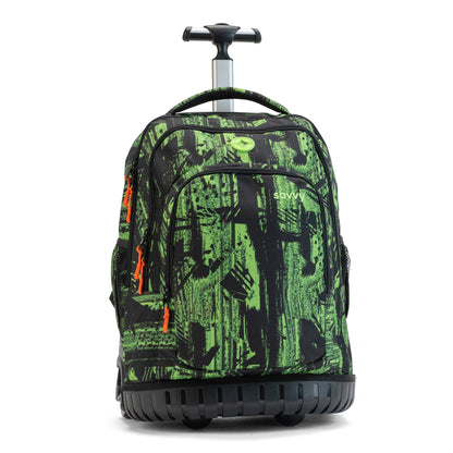 Savvy rolling backpack with green and black graffiti print, orange zip pulls, telescoping handle and chunky rubber wheels