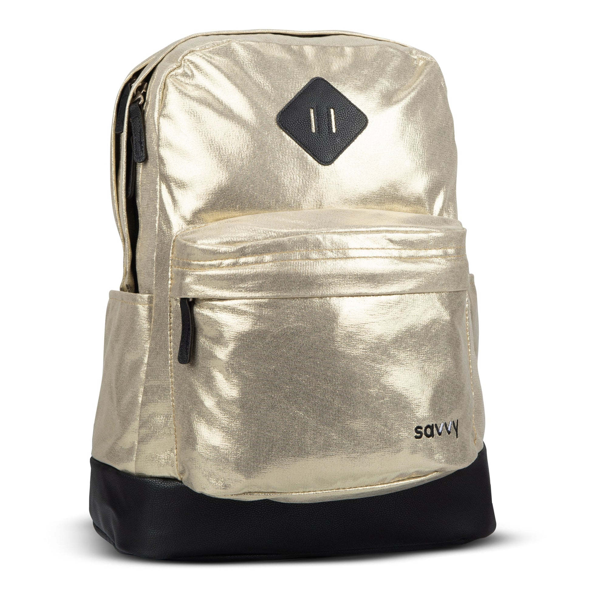 Savvy metallic gold backpack with black base, diamond patch detail, front zip pocket and side pockets