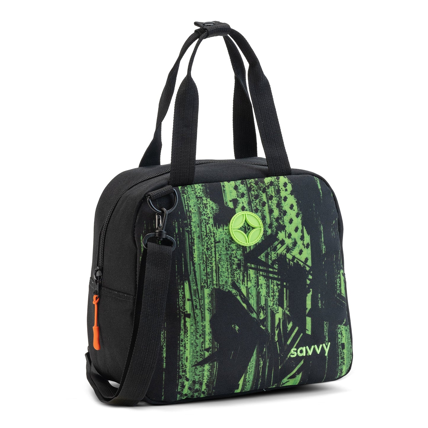 Savvy lunch bag black with green abstract print, dual carry handles, detachable shoulder strap and orange zip pull