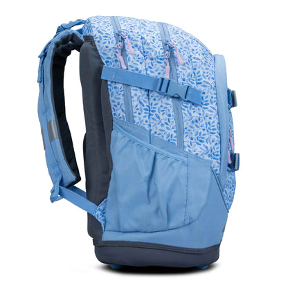 Backpack light blue watercolour leaf print with padded shoulder straps, pink zip pulls, chest strap and grey base panel