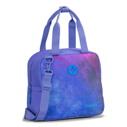 Savvy lunch bag in purple and pink galaxy print with dual top handles, detachable shoulder strap and front zip pocket