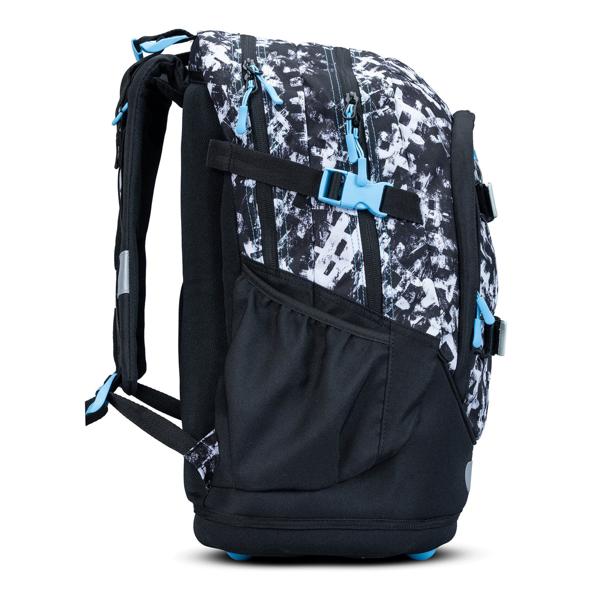 Large school backpack with black and white graffiti print, blue zip pulls and clip buckle, side mesh pocket and padded straps