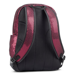 Backpack rear view in pink metallic mesh and black with padded shoulder straps, lumbar support panel and side pocket