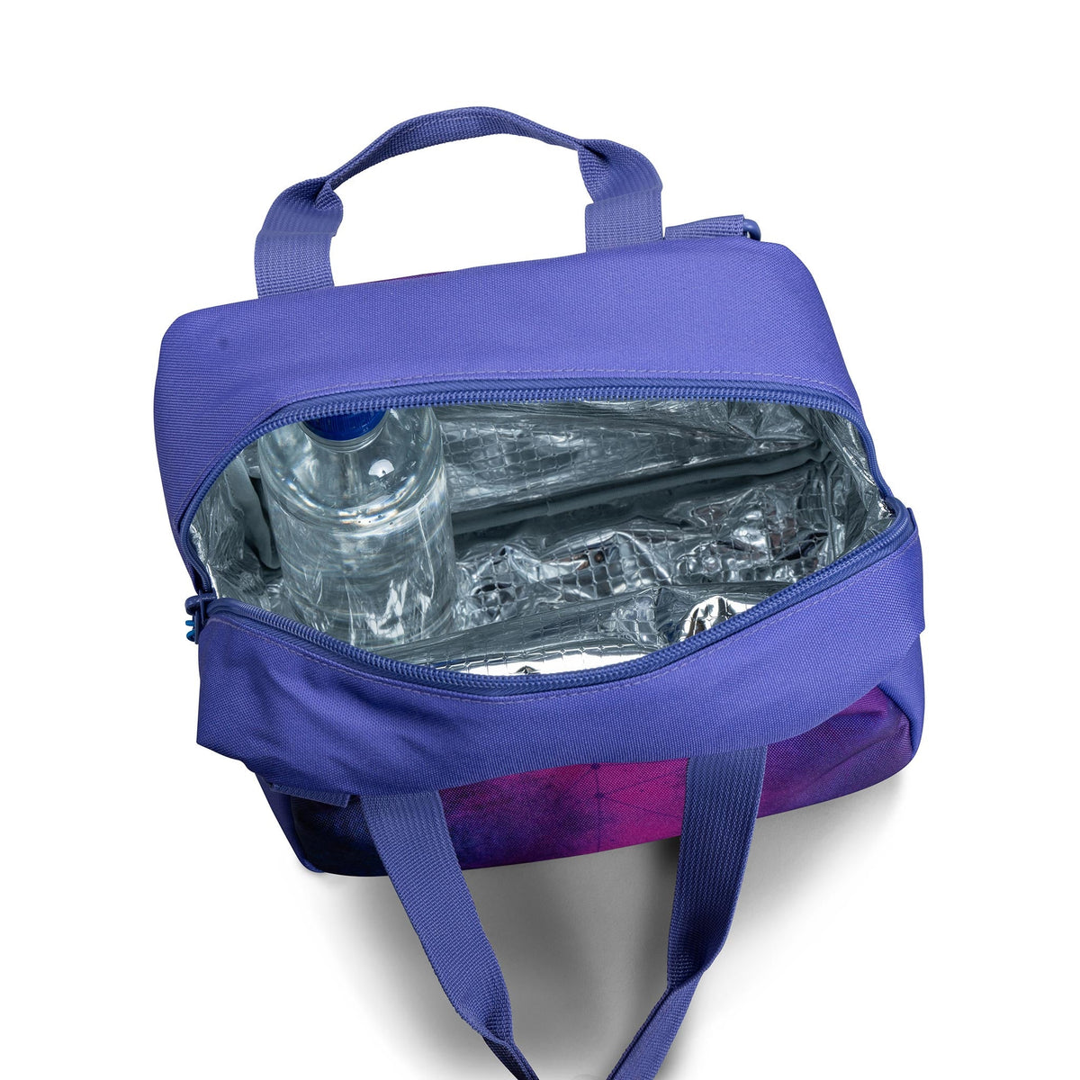 Insulated lunch bag open showing silver foil interior, purple and pink fabric with top handle and shoulder strap, water bottle inside