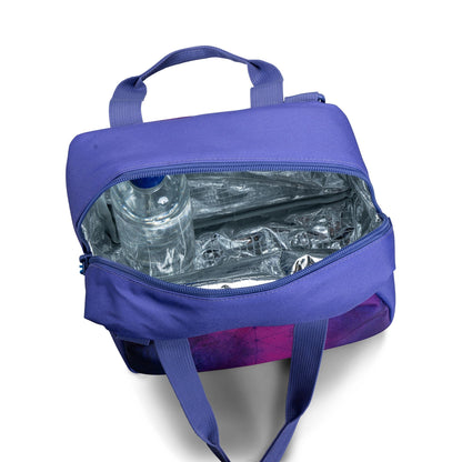 Insulated lunch bag open showing silver foil interior, purple and pink fabric with top handle and shoulder strap, water bottle inside